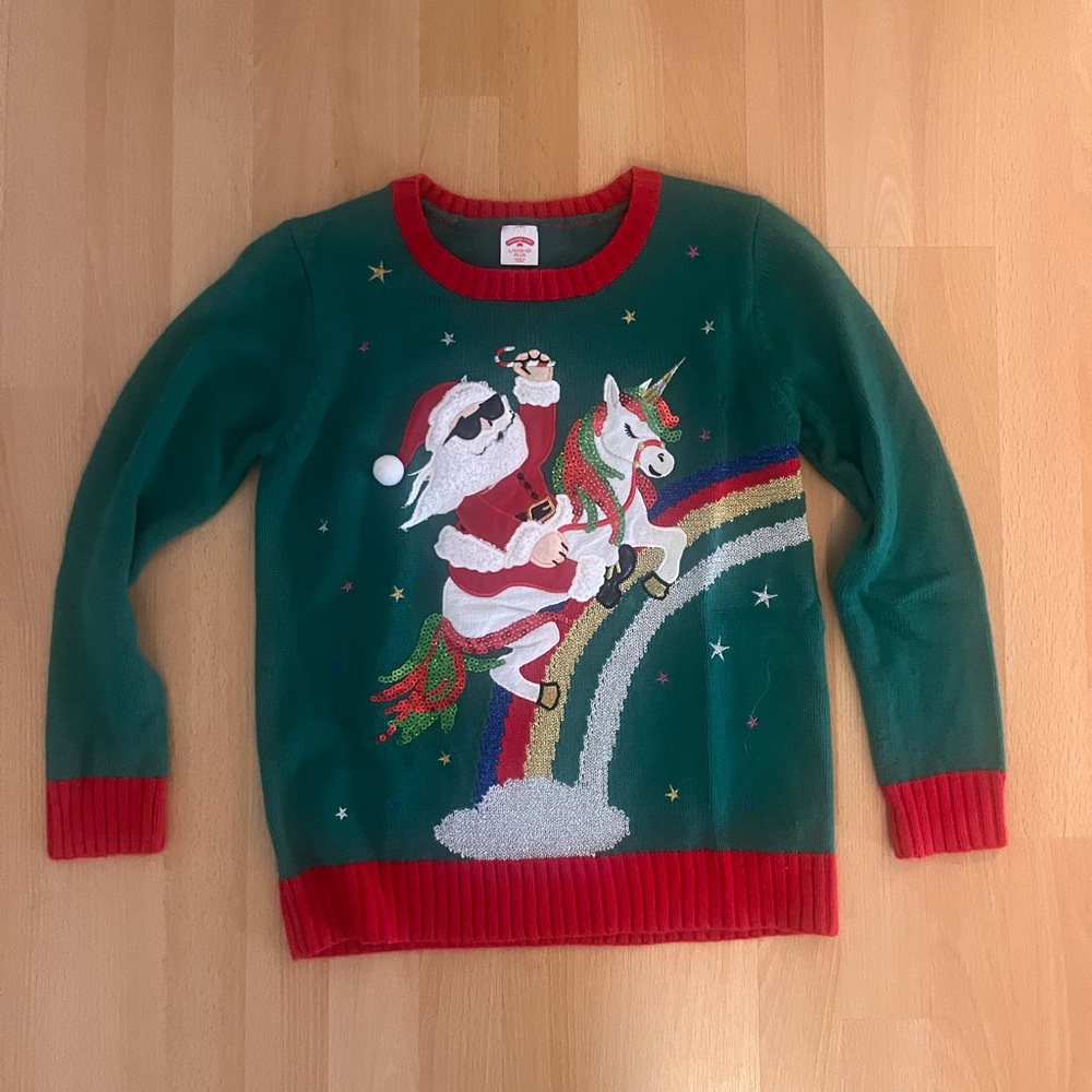 Holiday Time Green and Red Santa Unicorn Sweater